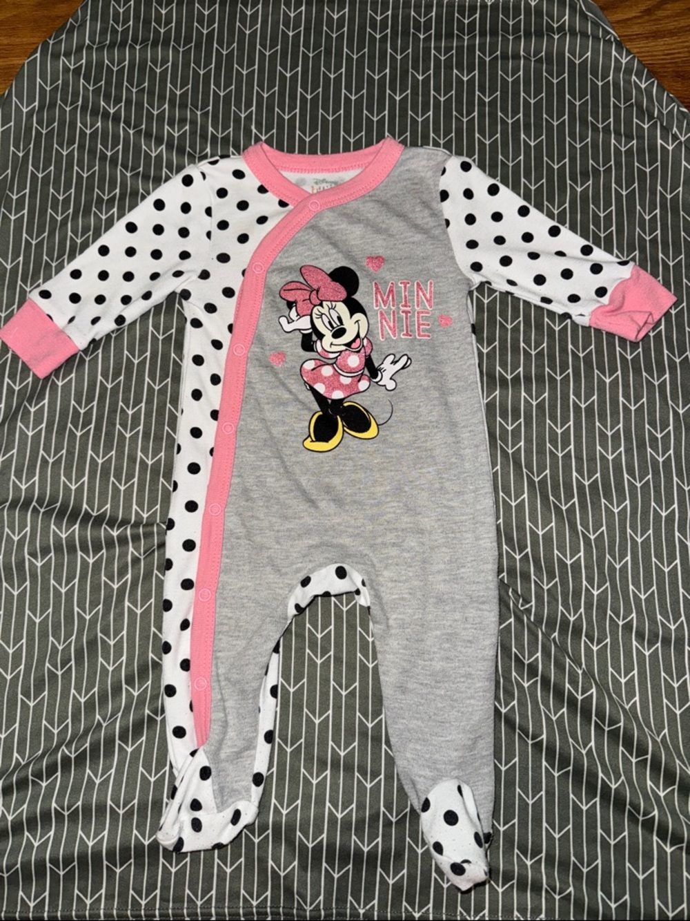 Disney Minnie Mouse Gray, White & Pink Polka Dot Footed Pajamas